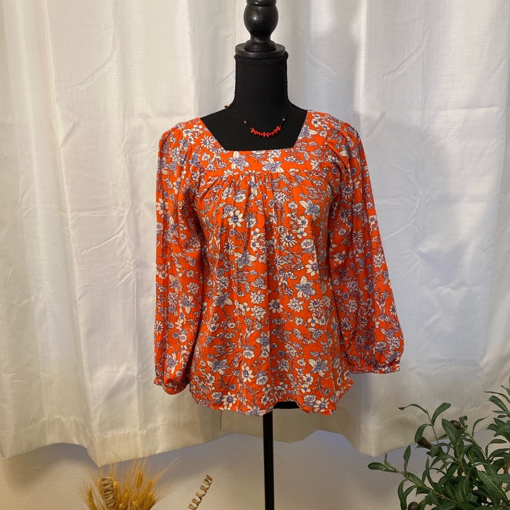 Gap Women’s Square Neck Blouson Sleeve Red Floral Blouse Small